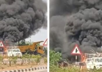 रोड मार्किंग मशीन में जोरदार विस्फोट, ड्राइवर की समझदारी ने बचाई कई लोगों की जान