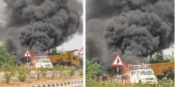 रोड मार्किंग मशीन में जोरदार विस्फोट, ड्राइवर की समझदारी ने बचाई कई लोगों की जान