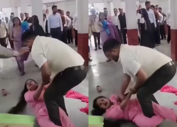 कोर्ट में पति ने पत्नी को बाल पकड़कर पीटा